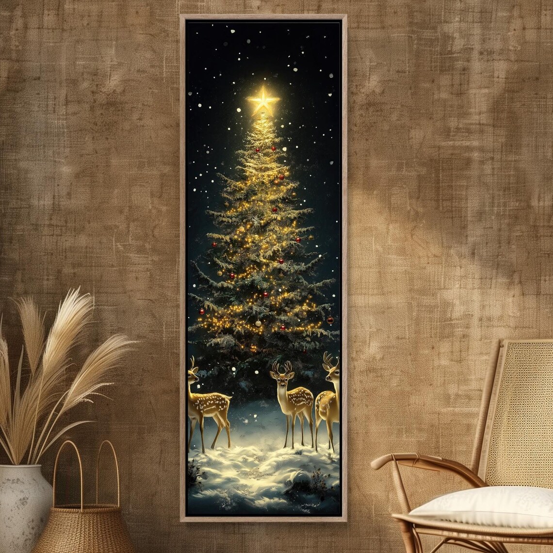 Golden Christmas Tree and Deer Holiday Art Print
