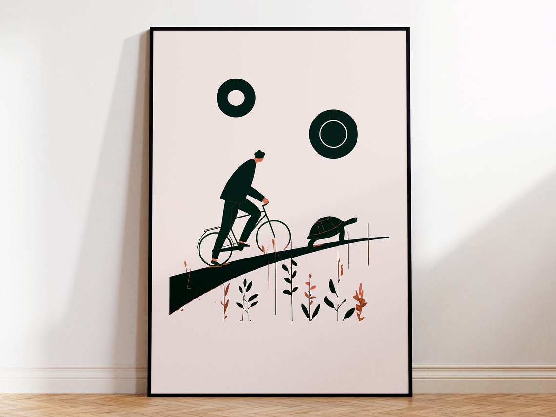 Minimalist Cyclist and Turtle Poster with Abstract Hill Illustration