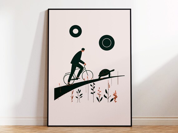 Wall Art Of A Turtle And A Man On A Bicycle Cycling On Abstract Hill Graphic Minimalist Print For Fun Scandinavian Style