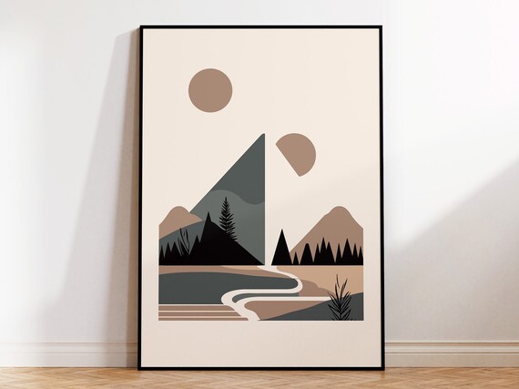 Mid Century Style Graphic Landscape Print For Contemporary Interior Geometric Mountains And Trees Poster For Calming Environment