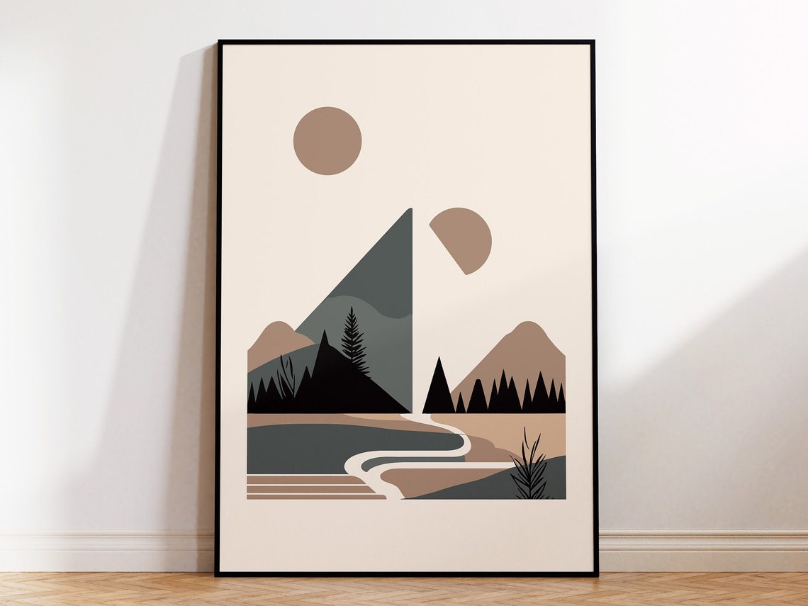 Mid Century Geometric Mountain Lake Abstract Landscape Wall Art