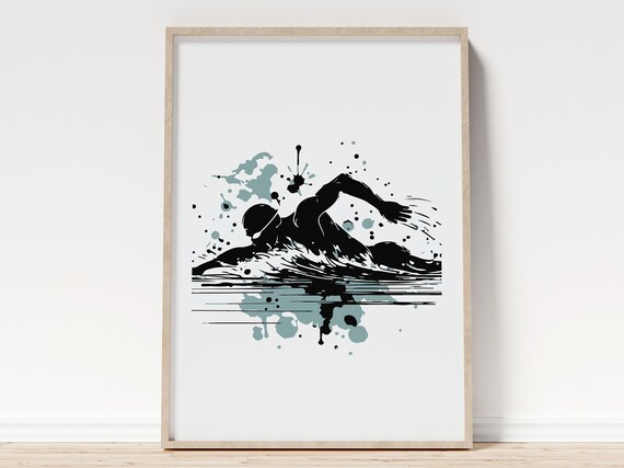 Swimmer Print In Minimalistic Blue And Black For Contemporary Swimmer Wall Art I Freestyle Swimming Poster For Minimalist Scandinavian Style