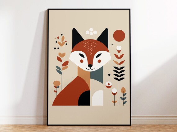 Geometric Fox Portrait Rust Teal Folk Art Nursery Kids Art Poster