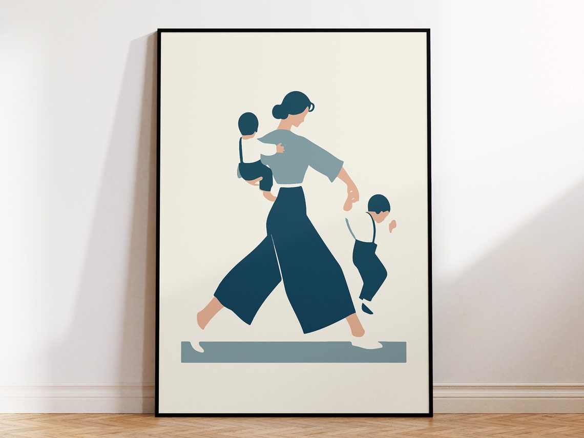 Modern Mother With Two Toddlers Flat Illustration Teal Poster