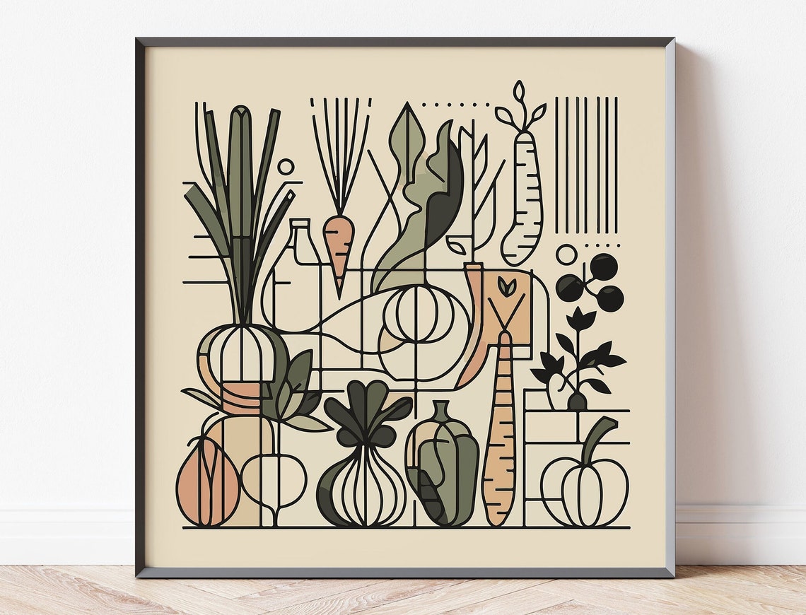 Boho Vegetable Line Art Poster Geometric Carrots Pumpkin Pepper