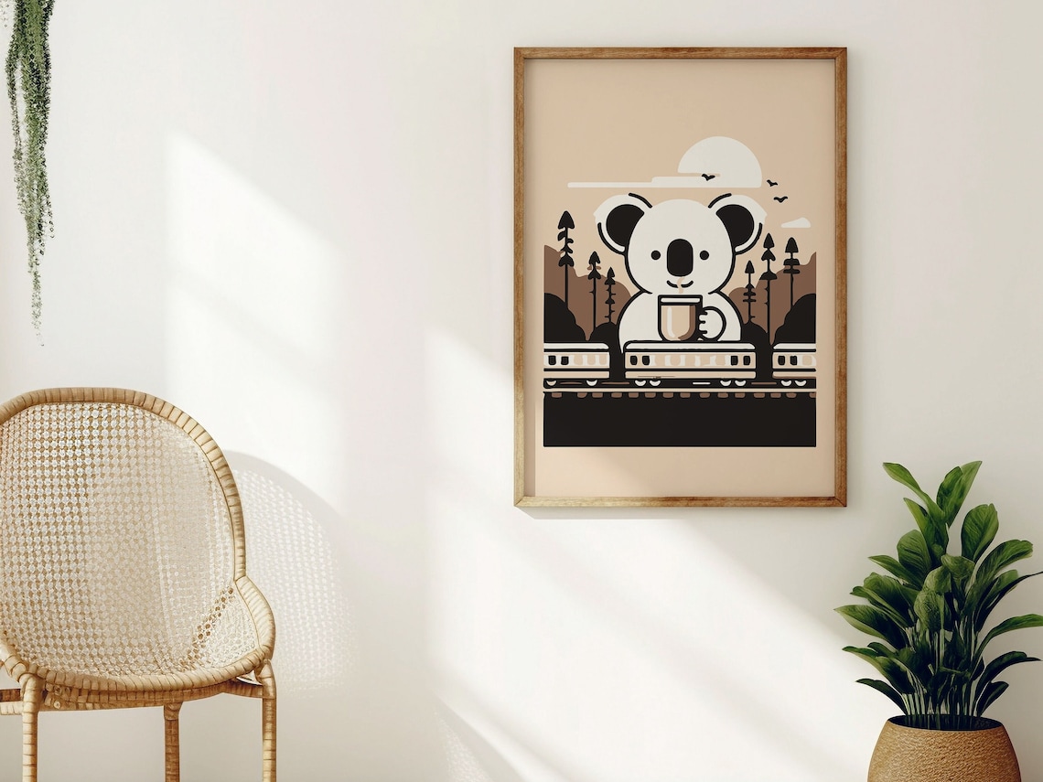 Cute Koala Having Coffee Poster, Quirky Animal Print