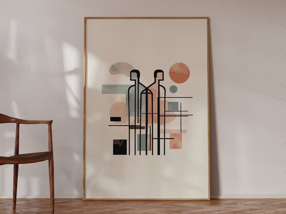 Two Men Abstract Geometric Pastel Line Art Modern Figure Poster
