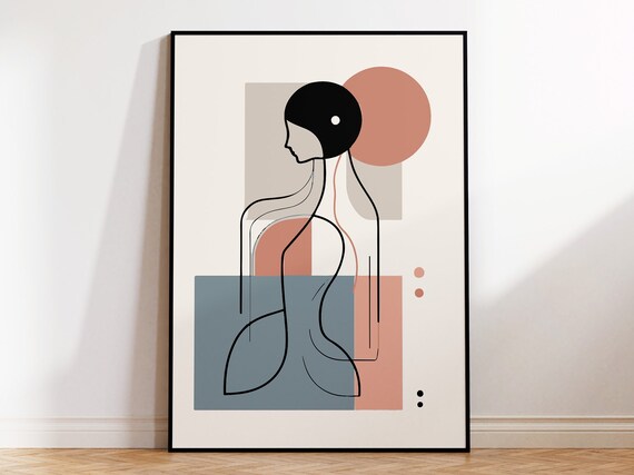 Abstract Woman With A Bob Haircut Wall Art Poster For Contemporary Home Framed Print With Geometric Background For Scandi Style