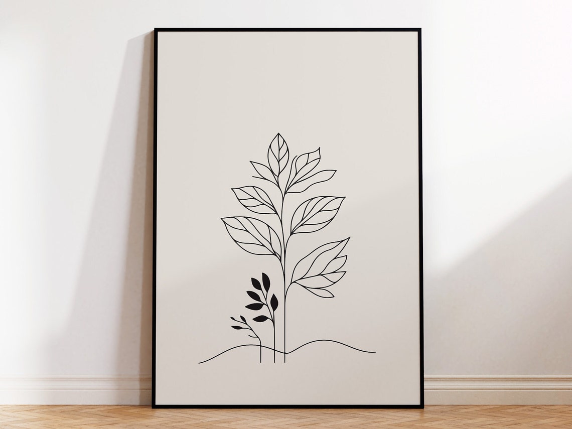 Botanical Line Art Poster Leafy Stem Drawing on Warm Beige Background