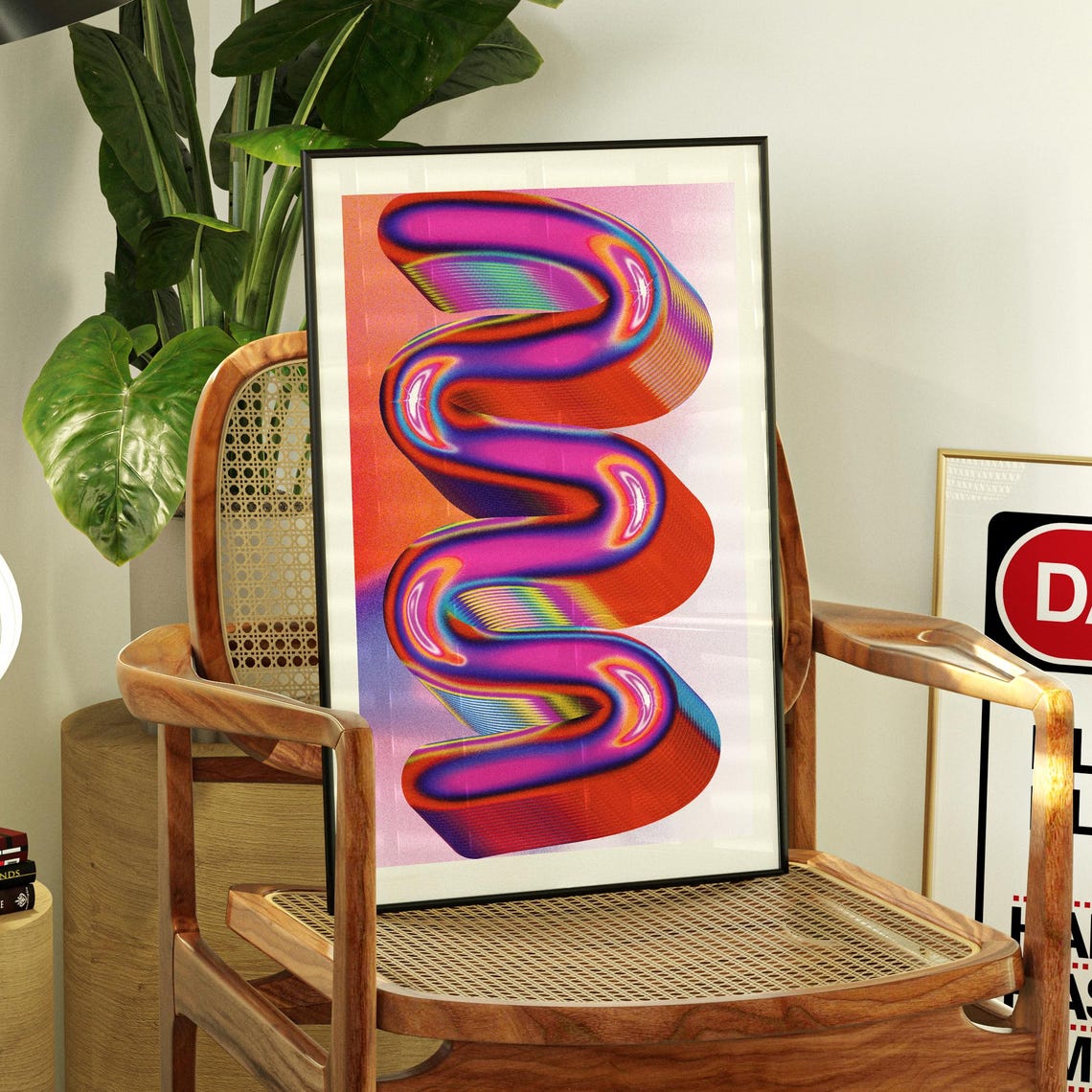 Red Pink Squiggle Wave Psychedelic Abstract Gradient Modern Art Poster