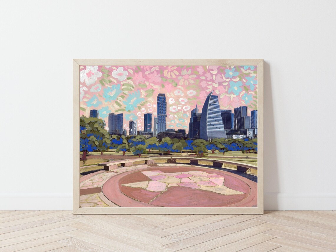Austin Skyline Retro Floral Texas Travel Poster