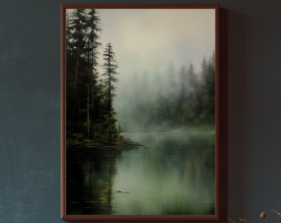 Misty Forest Lake Landscape Art Print
