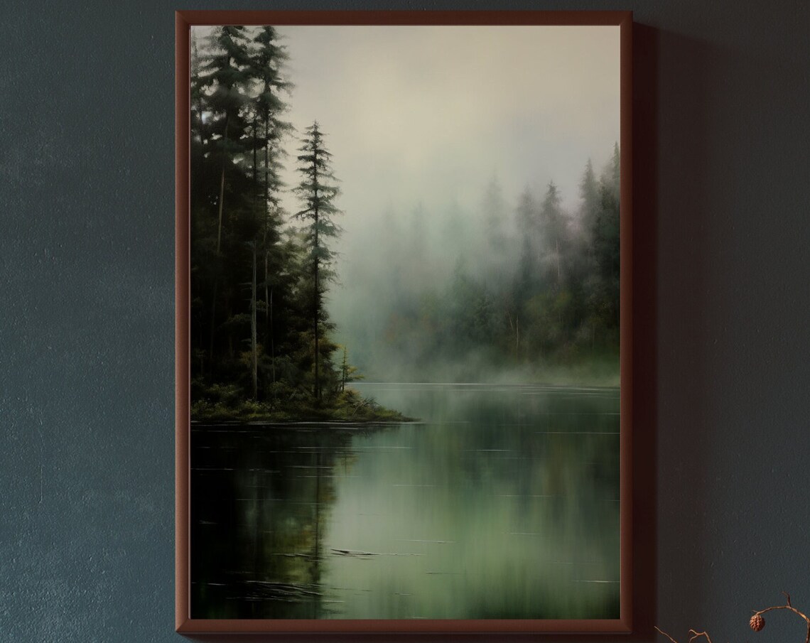 Misty Forest Lake Landscape Art Print