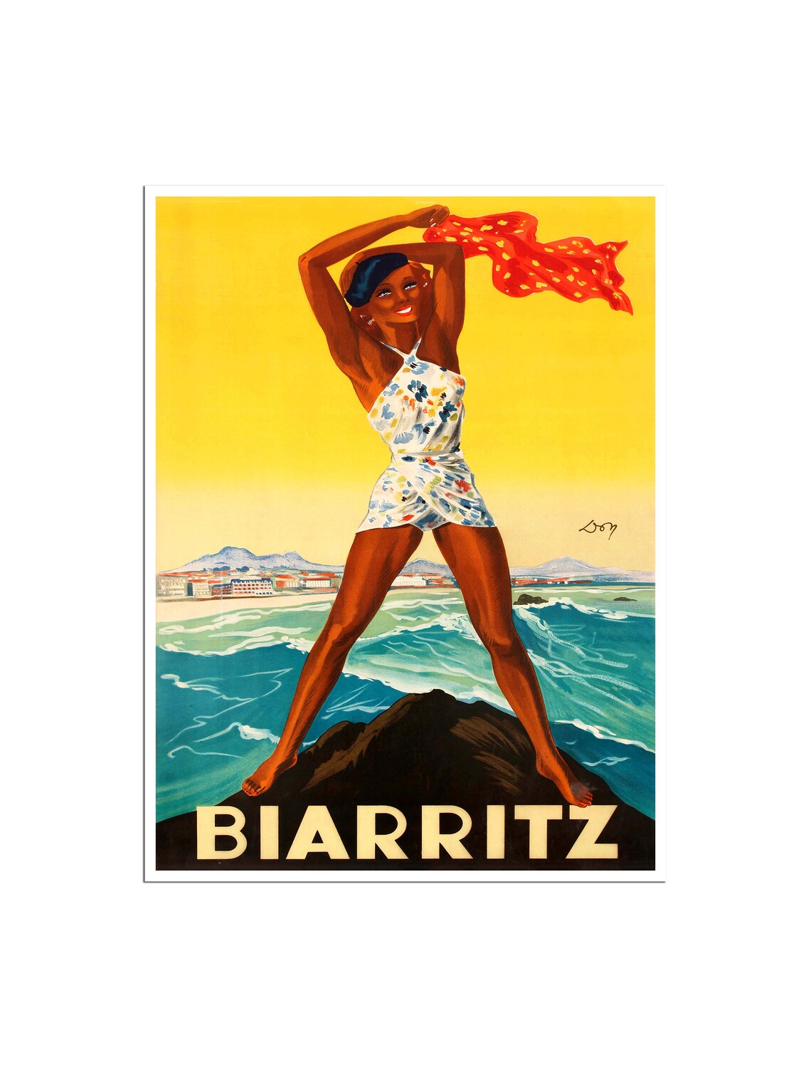 Biarritz France Bathing Beauty Rock Vintage Coastal Travel Poster