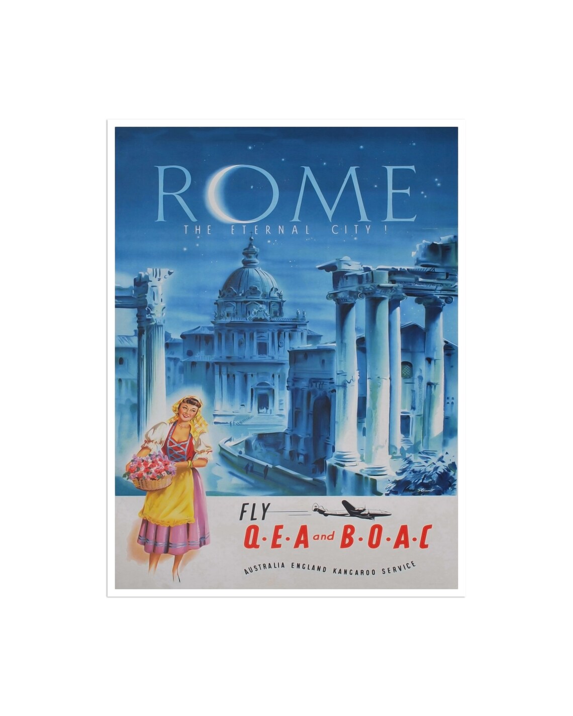 Rome Eternal City Fly QEA BOAC Kangaroo Service Vintage Poster