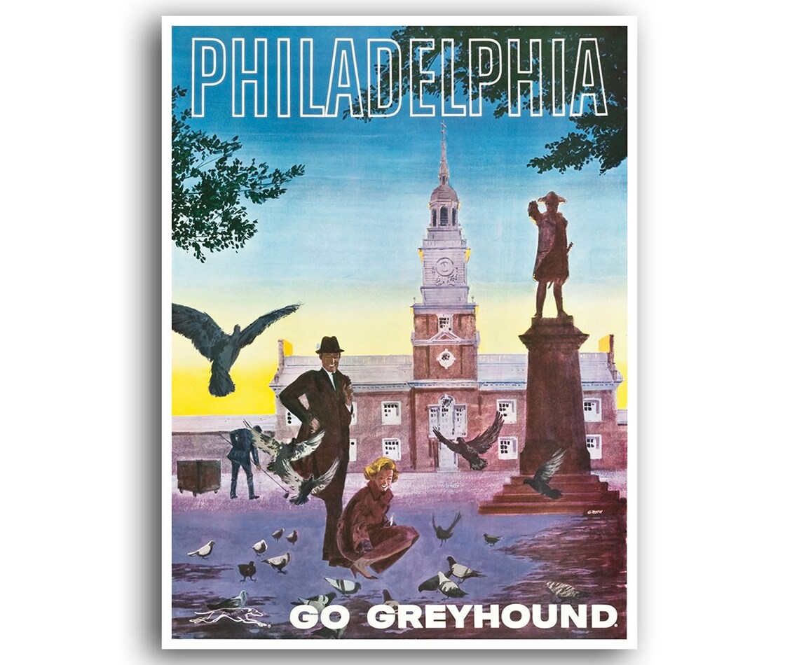 Philadelphia Independence Hall Pigeons Greyhound Bus Travel Poster