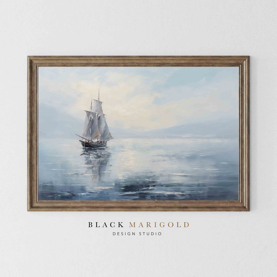 Classic Tall Sailing Ship on a Calm Misty Ocean Vintage Poster
