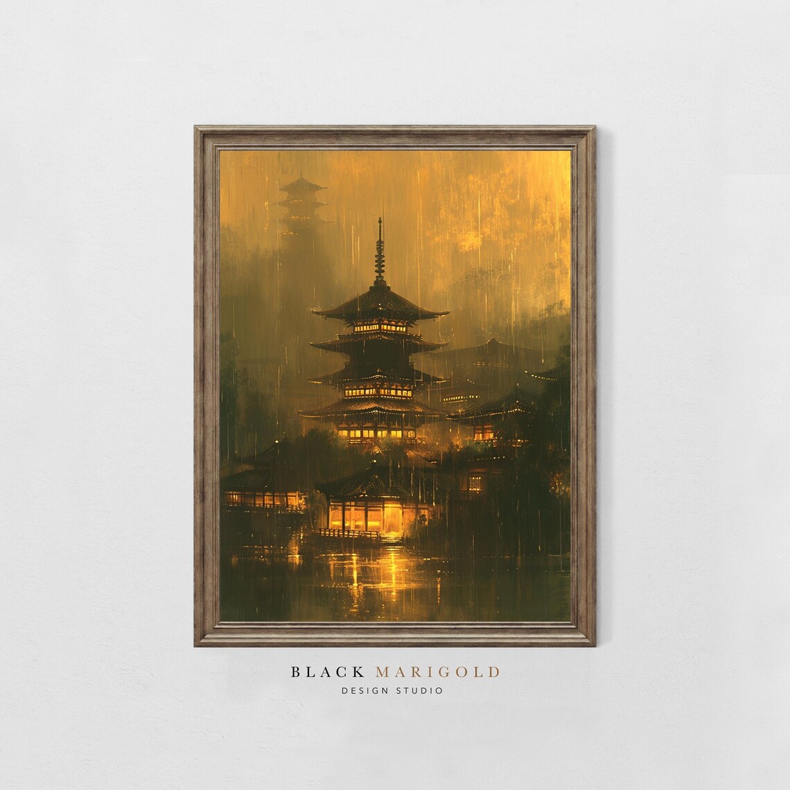 Japanese Pagoda Glowing in Golden Rain at Night Asian Art Poster