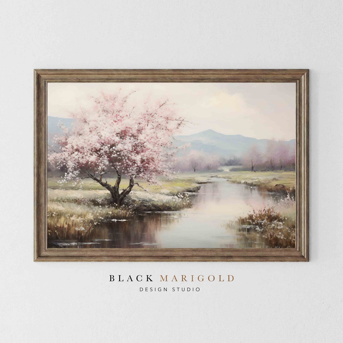 Pink Blossom Tree Beside Calm River in Misty Spring Landscape Poster - Image 2