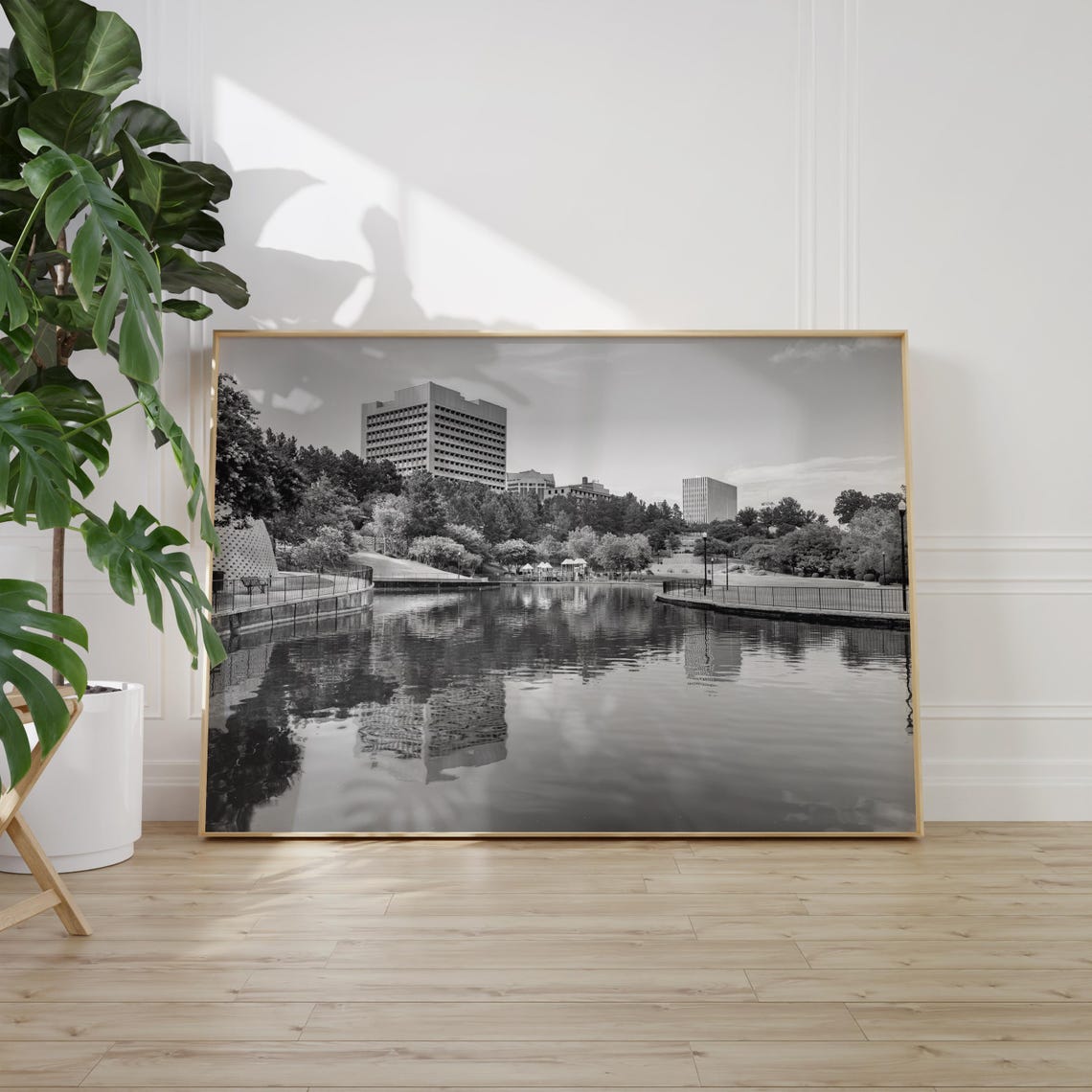 Columbia City Lake Reflections and Downtown Black and White Poster - Image 2