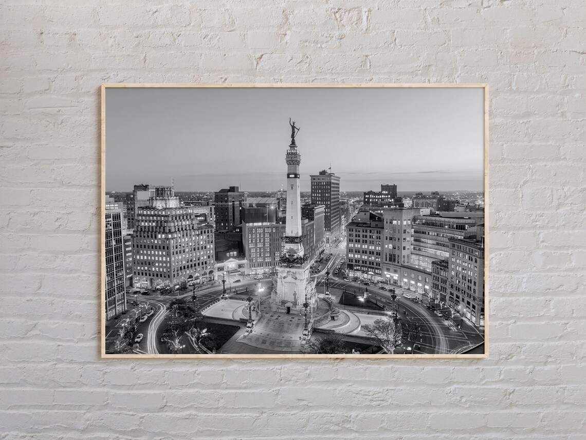 Indianapolis Monument Circle Black And White Aerial Cityscape Photography Poster