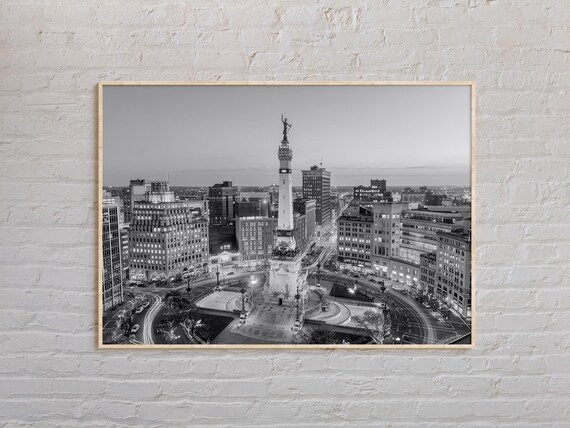 Indianapolis Monument Circle Black And White Aerial Cityscape Photography Poster