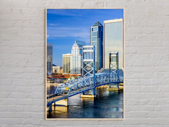 Jacksonville Florida Skyline with Blue Main Street Bridge Poster