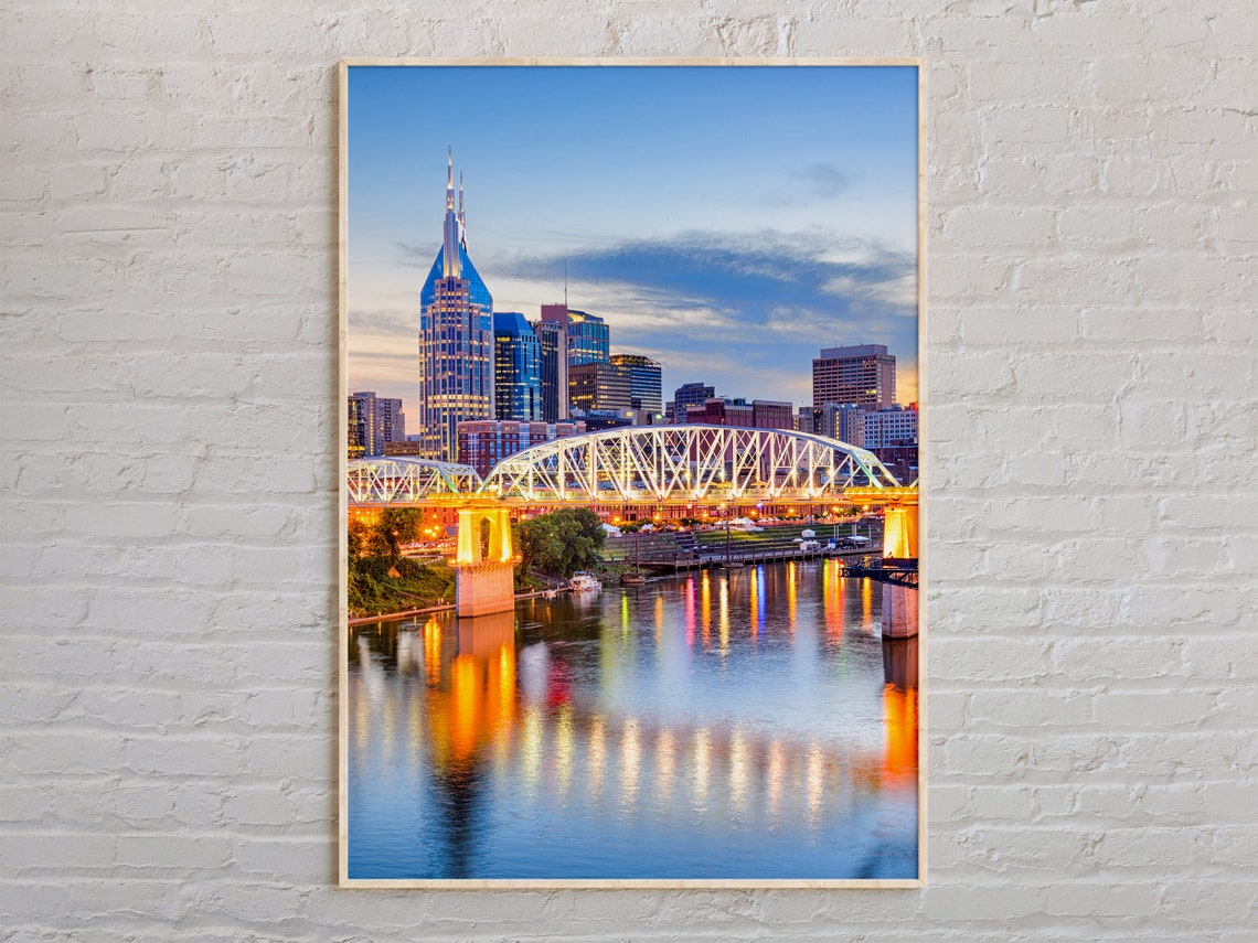 Nashville Tennessee Skyline Dusk Bridge River Reflection Poster