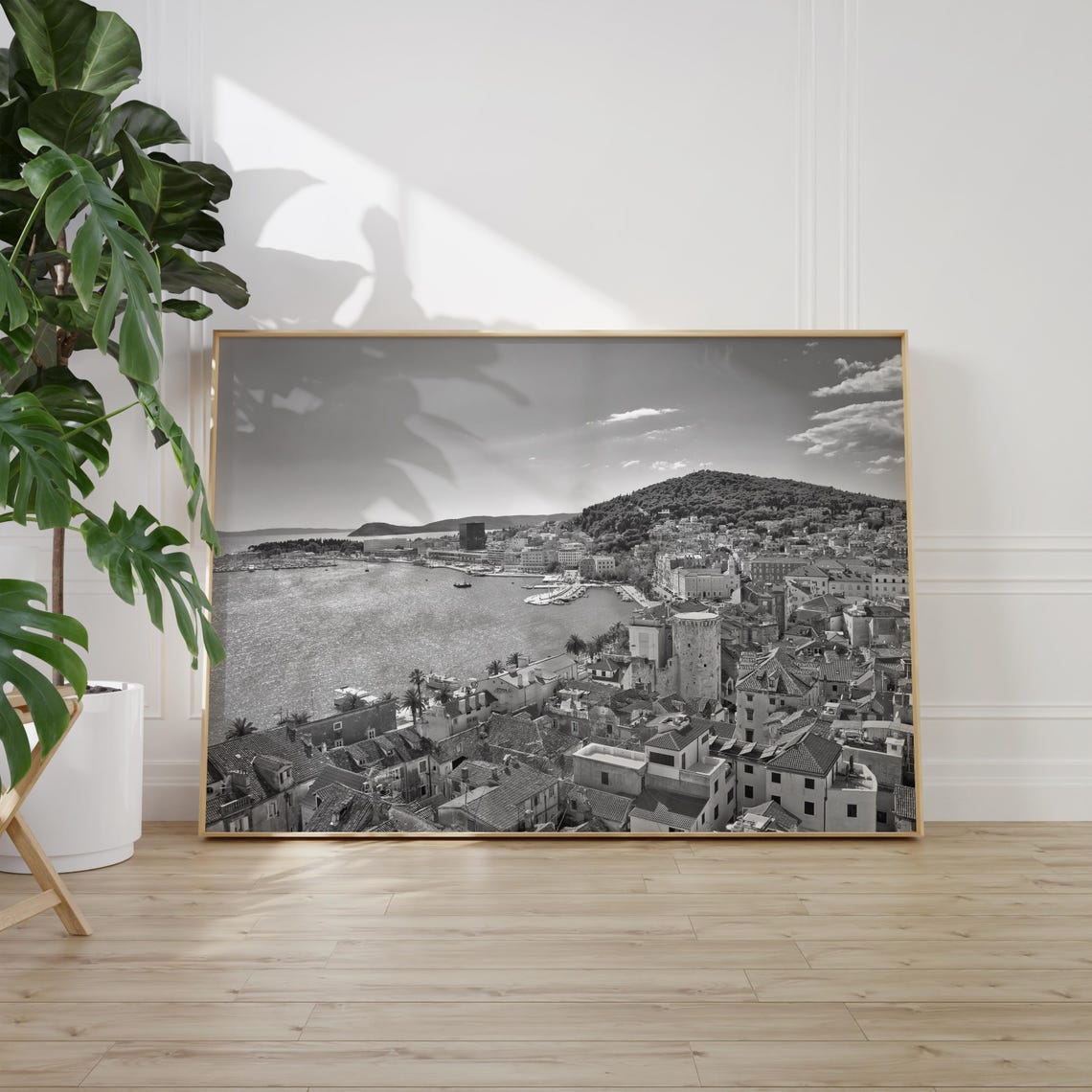 Split Old Town Harbor and Rooftops Black and White Aerial Poster - Image 2