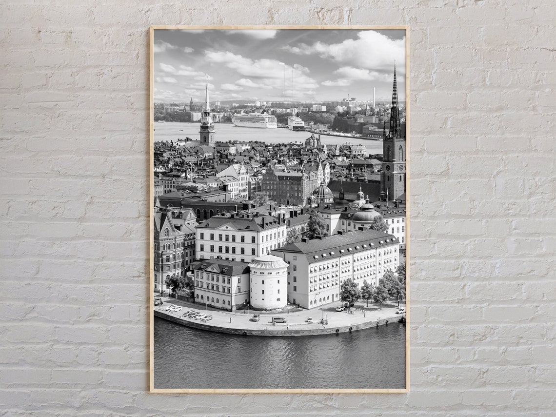 Monochrome Stockholm Skyline With Harbor Ship Black White Poster