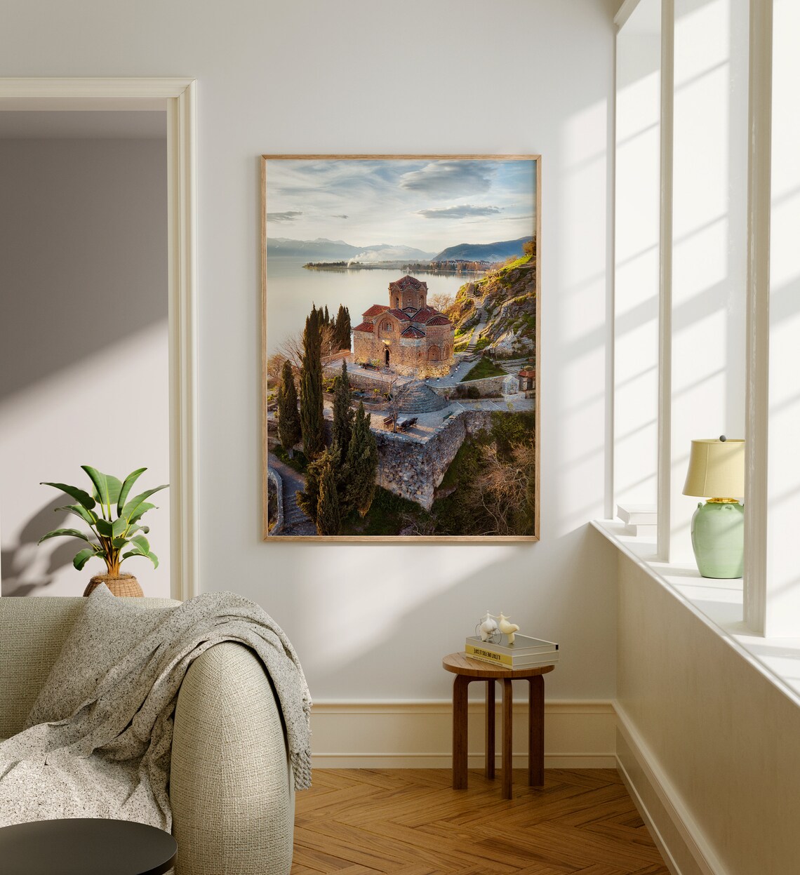 Lakeside Stone Church Cliff Sunrise Serene Lake Travel Photo Poster - Image 4