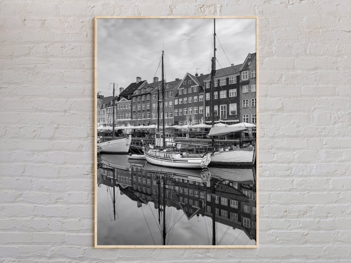 Black And White Copenhagen Nyhavn Harbor Sailboats Photo Print