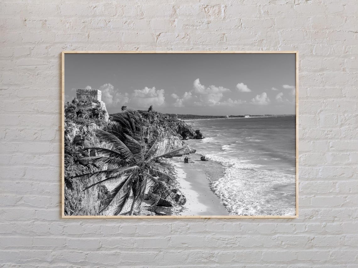 Black And White Tulum Cliffside Ruins Coastline Mexico Poster