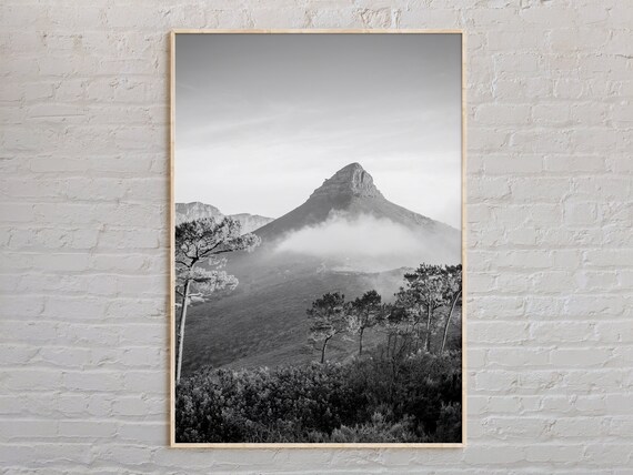 Black And White Lion's Head Mountain Mist Cape Town Scenery Poster