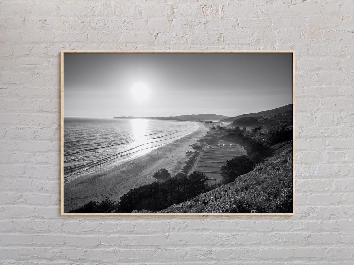 Stinson Beach Sunny Coastline from Hillside Black and White Poster