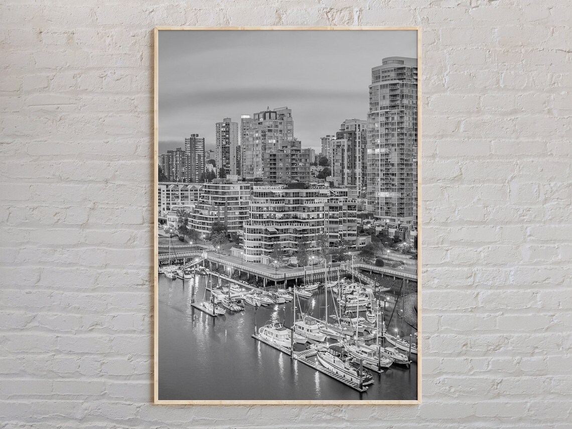 Vancouver Marina Harbor City Skyline Black And White Photo Poster