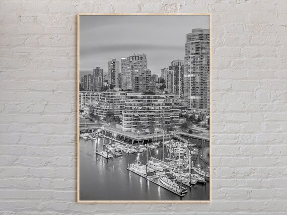 Vancouver Marina Harbor City Skyline Black And White Photo Poster