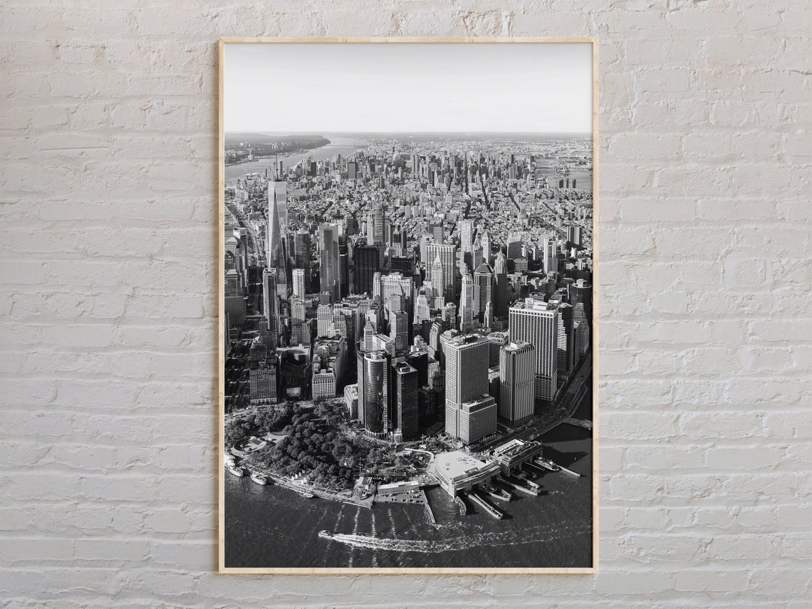 New York City Aerial Manhattan Skyline Black White Photo Poster
