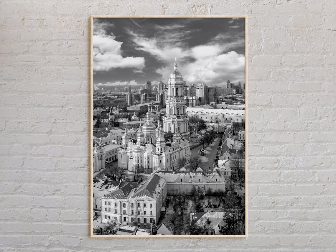 Black and White Kyiv Cathedral Domes City View Photography Poster