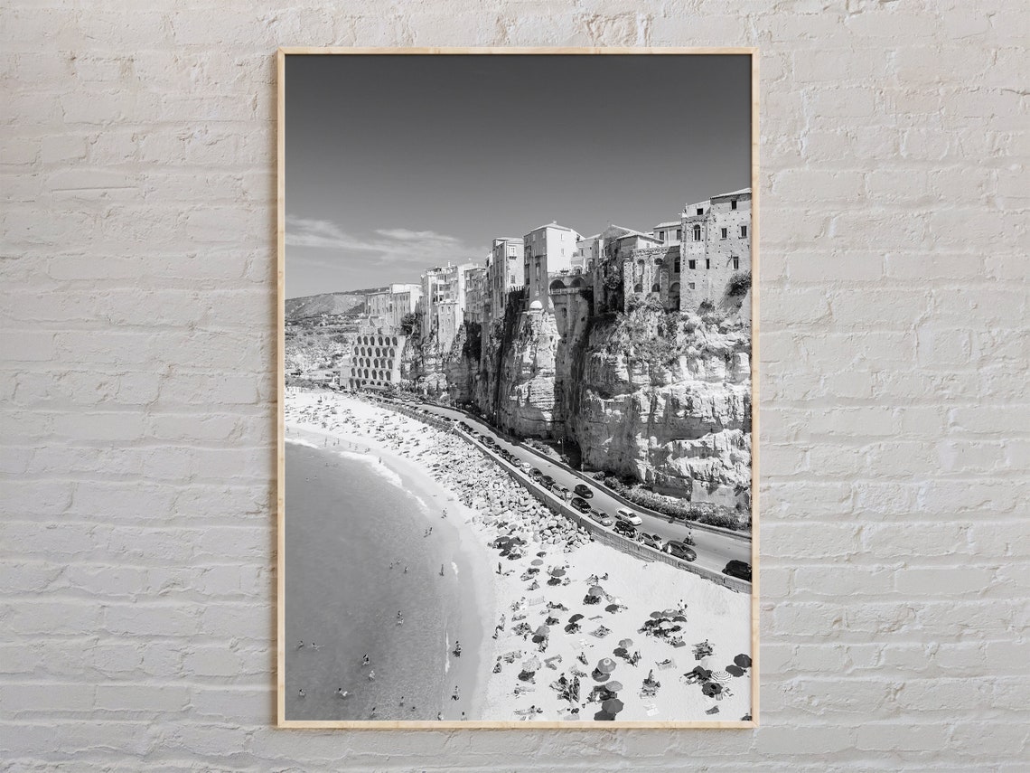 Black And White Tropea Calabria Cliff Beach Italy Photo Print