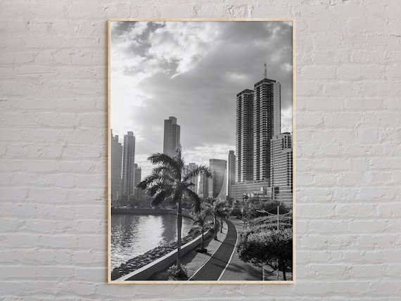 Panama City Skyline Waterfront Black And White Urban Photo Poster
