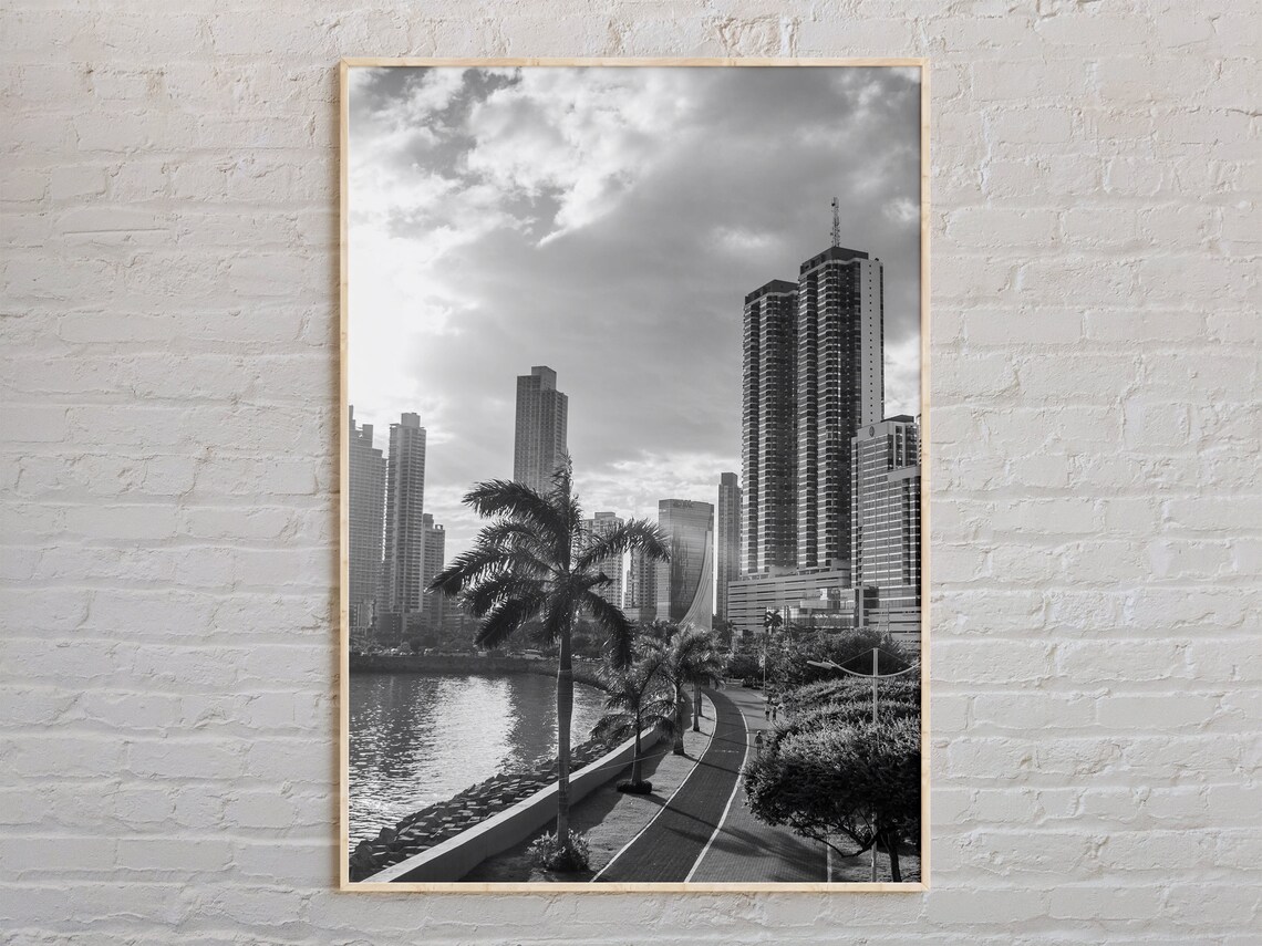 Panama City Skyline Waterfront Black And White Urban Photo Poster