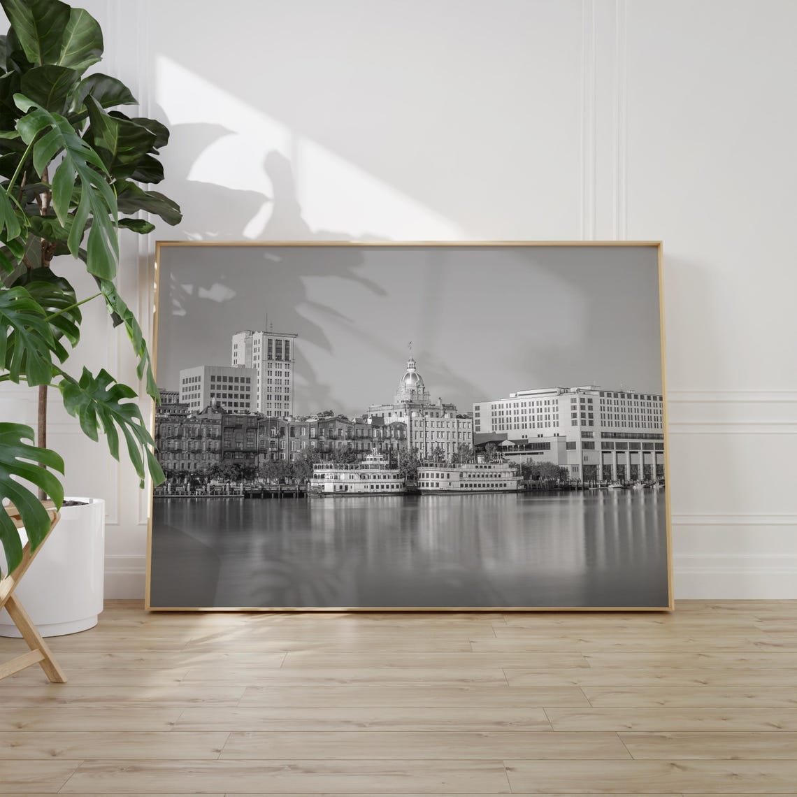Savannah Riverfront Riverboats and Domed Building Black White Poster - Image 2