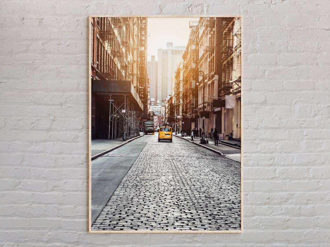 SoHo New York Cobblestone Street Yellow Cab Golden Hour Photo Poster