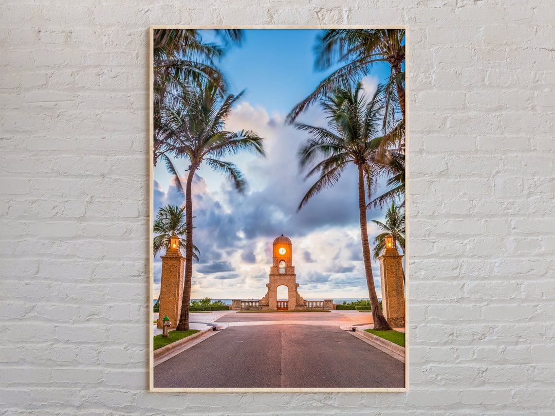 Palm Beach Clock Tower at Sunset Palm Trees Florida Photo Poster
