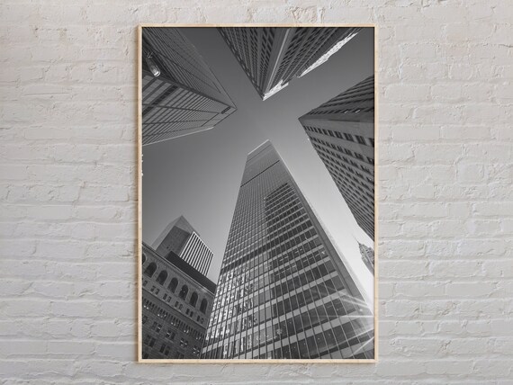 Black and White Wall Street Skyscrapers Looking Up Skyward Poster
