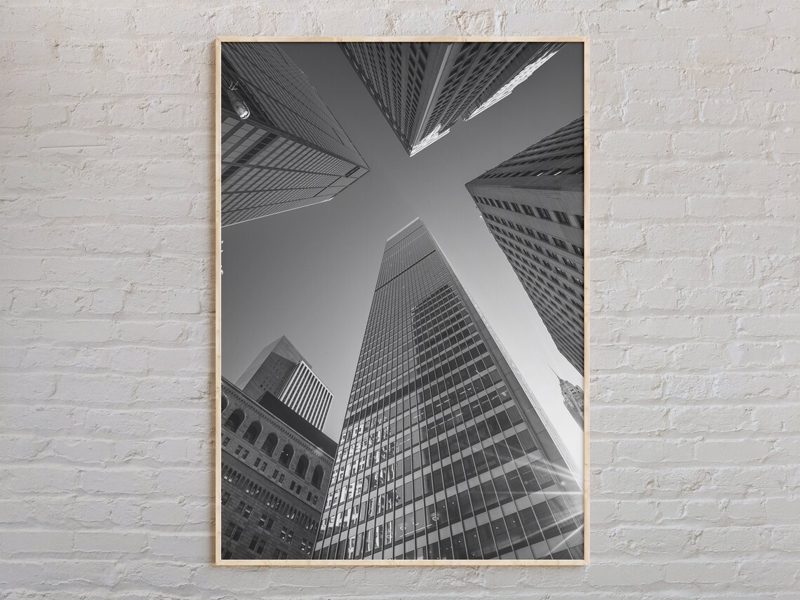 Black and White Wall Street Skyscrapers Looking Up Skyward Poster