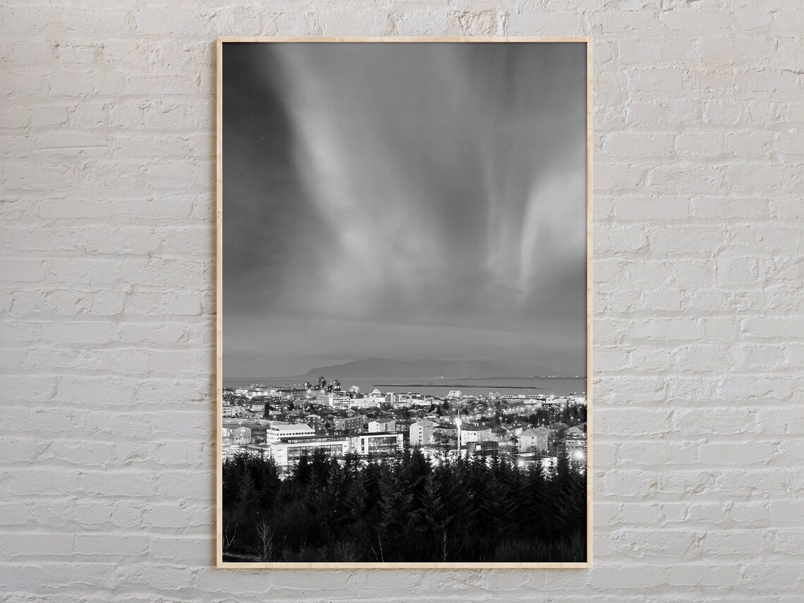 Black And White Reykjavik City Night Lights Photography Poster