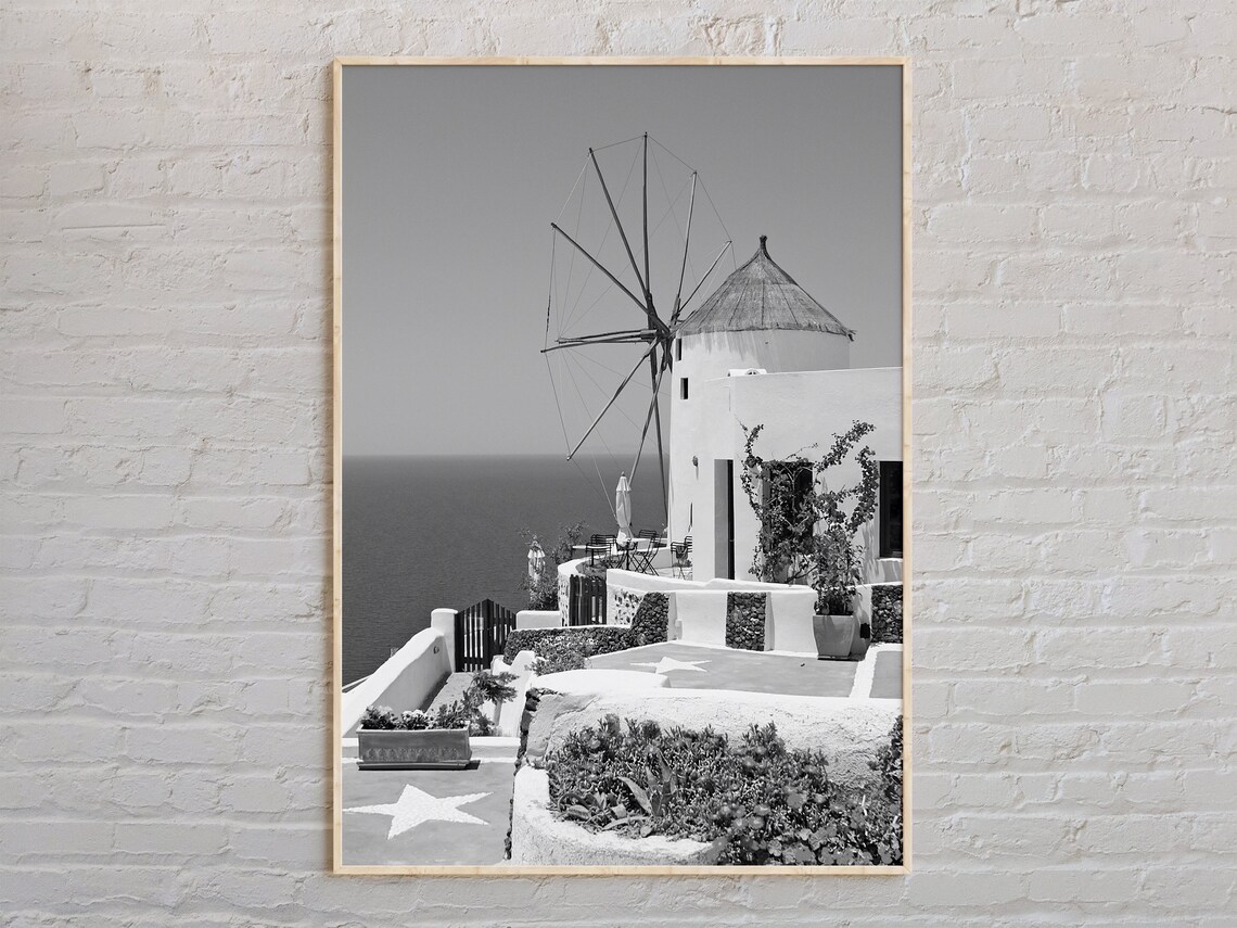 Greek Island Windmill Aegean Sea Black White Coastal Photo Poster