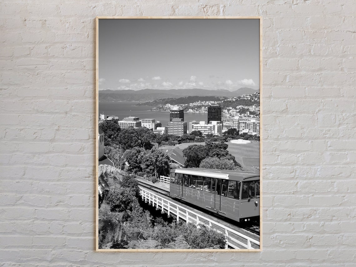 Wellington Cable Car Harbor Black And White Photography Poster